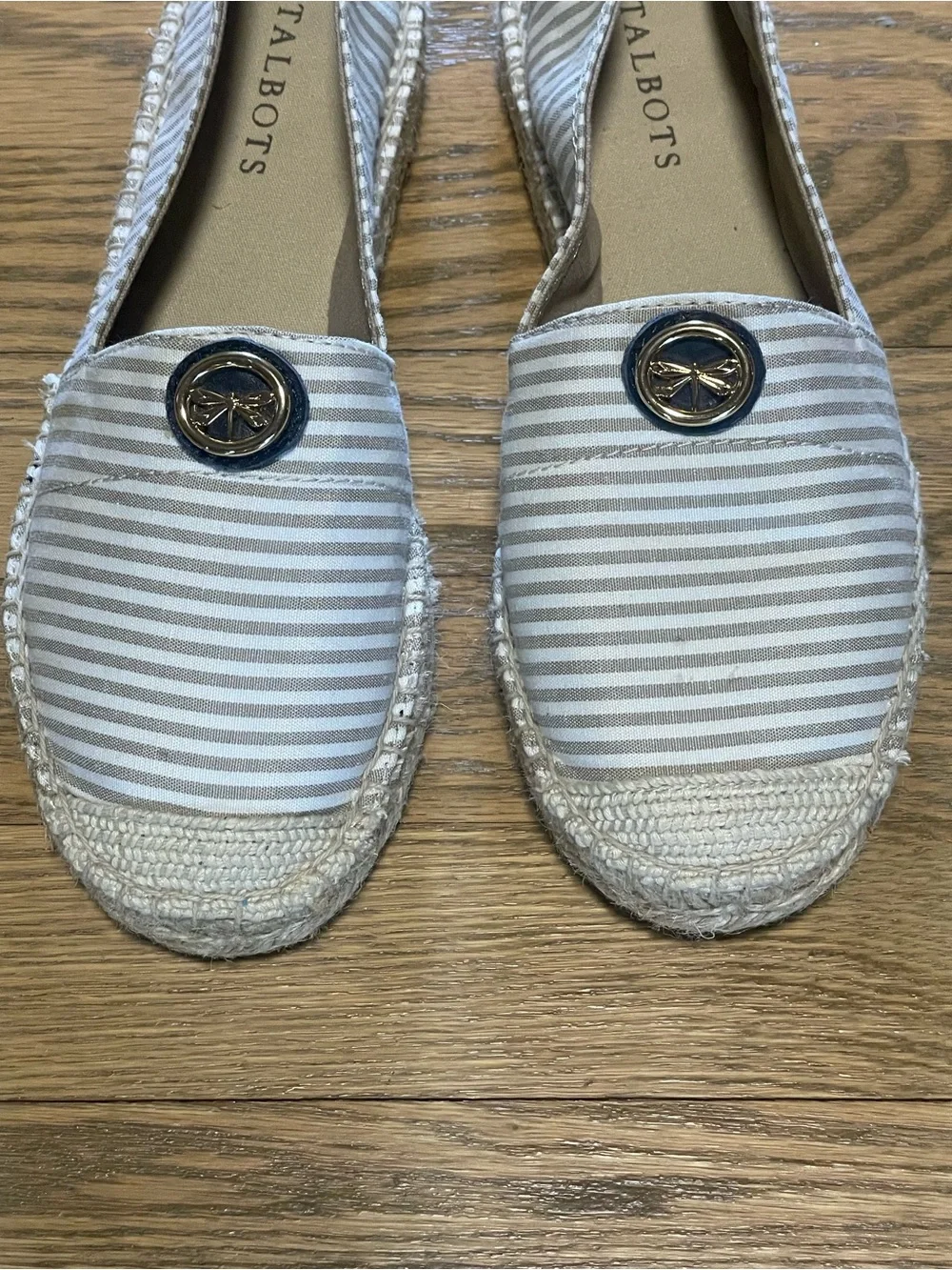 NWOT - Talbots Striped Canvas Espadrille Flats Dragonfly Gold Emblem - Sz 7.5